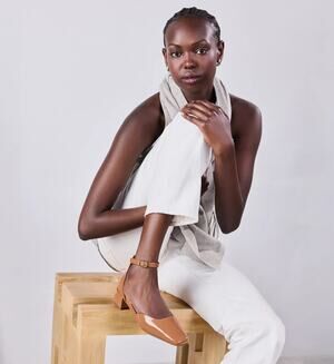 Bared Buttonquail Light Tan Patent Leather Block Heels